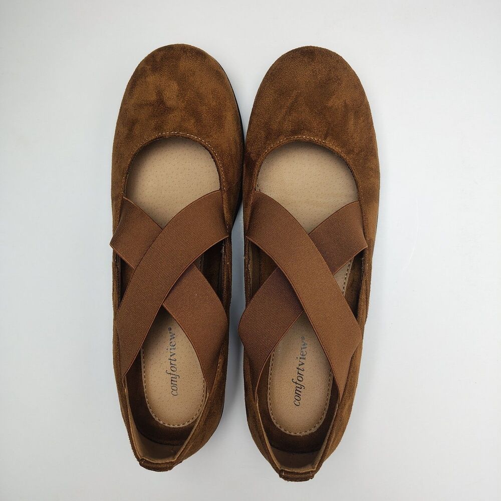 Comfortview Stacia Mary Jane Flats Brown Fabric Crisscross Elastic Strap 10M